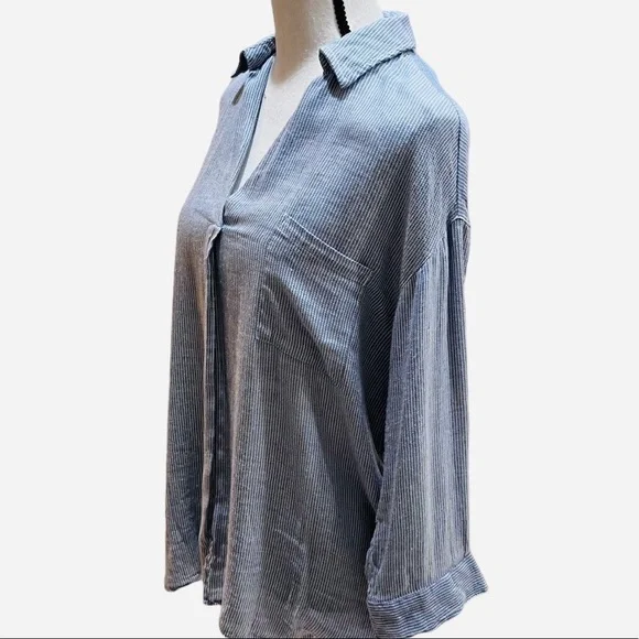 William Rast Blue Chambray Ticking Striped Pullover Top 3/4 Sleeves Sz M - Picture 4 of 11